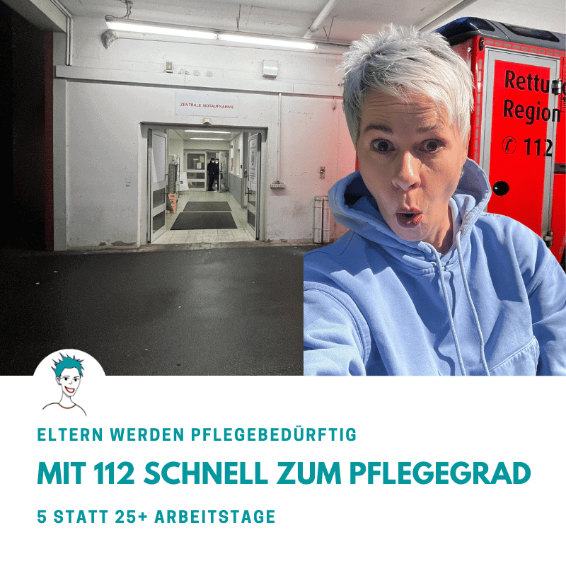 Bettina Sturm vor Krankenwagen mit 112-Aufschrift – schneller zum Pflegegrad bei pflegebedürftigen Eltern über die Notaufnahme 112