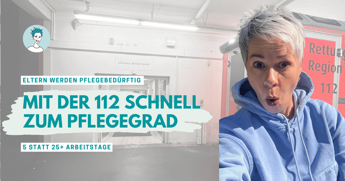 Bettina Sturm vor Krankenwagen mit 112-Aufschrift – Expressweg zum Pflegegrad bei pflegebedürftigen Eltern